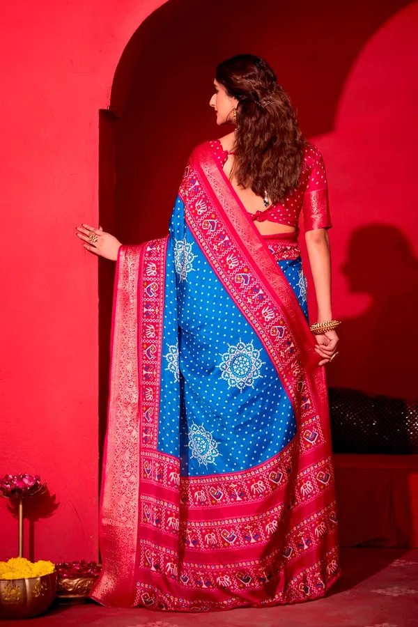 Royal_Blue_&_Red_Pure_Silk_Fabric_With_Dual_Color_Combination_Of_Exclusive_Bandhej_Print_With_Rich_Look_Jacquard_Border_Exclusive_Look_Saree