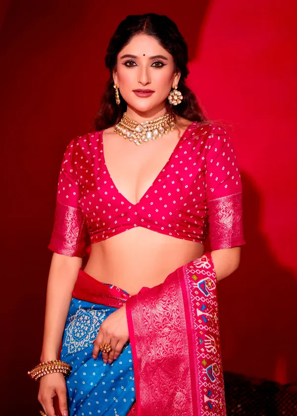 Royal_Blue_&_Red_Pure_Silk_Fabric_With_Dual_Color_Combination_Of_Exclusive_Bandhej_Print_With_Rich_Look_Jacquard_Border_Exclusive_Look_Saree