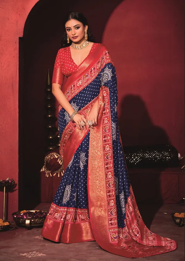 Royal_Blue_&_Red_Pure_Silk_Fabric_With_Dual_Color_Combination_Of_Exclusive_Bandhej_Print_With_Rich_Look_Jacquard_Border_Exclusive_Look_Saree