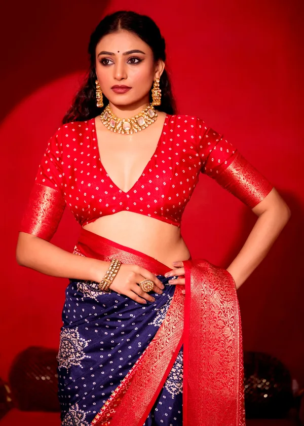 Royal_Blue_&_Red_Pure_Silk_Fabric_With_Dual_Color_Combination_Of_Exclusive_Bandhej_Print_With_Rich_Look_Jacquard_Border_Exclusive_Look_Saree