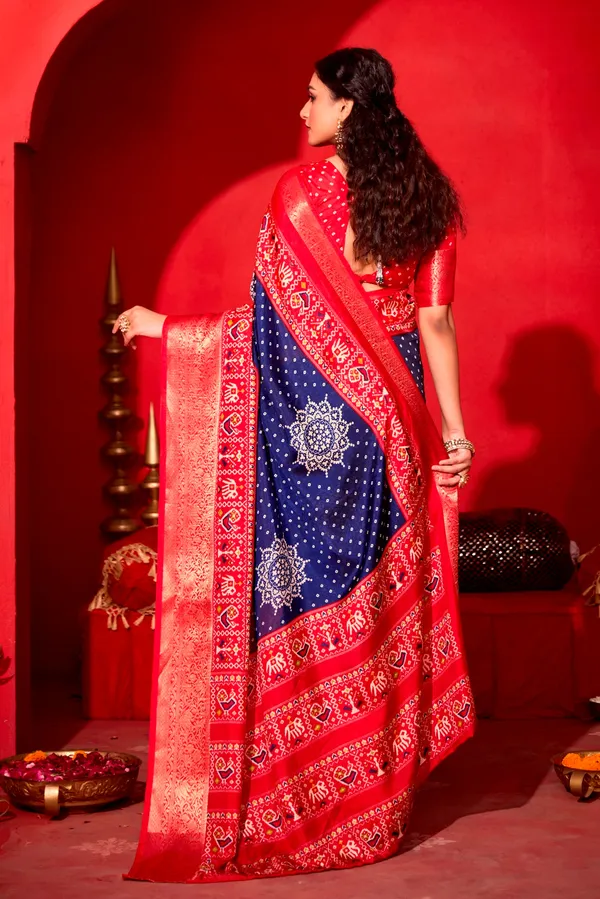 Royal_Blue_&_Red_Pure_Silk_Fabric_With_Dual_Color_Combination_Of_Exclusive_Bandhej_Print_With_Rich_Look_Jacquard_Border_Exclusive_Look_Saree