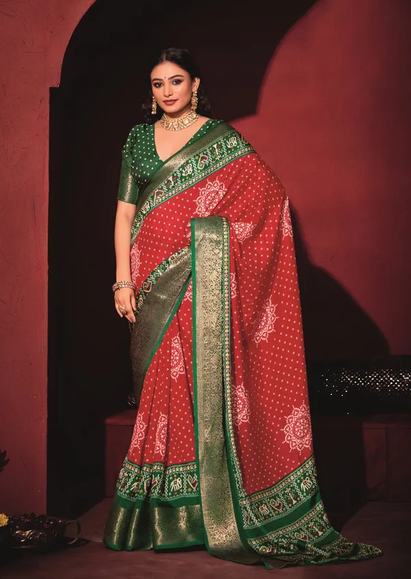 Red_&_Dark_Green_Pure_Silk_Fabric_With_Exclusive_Dual_Color_Combination_Of_Exclusive_Bandhej_Print_With_Rich_Look_Jacquard_Border_Exclusive_Look_Saree