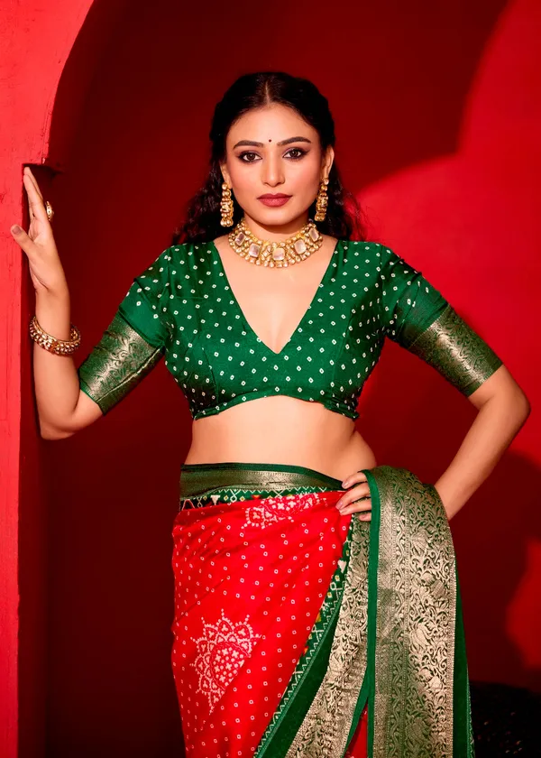 Red_&_Dark_Green_Pure_Silk_Fabric_With_Exclusive_Dual_Color_Combination_Of_Exclusive_Bandhej_Print_With_Rich_Look_Jacquard_Border_Exclusive_Look_Saree