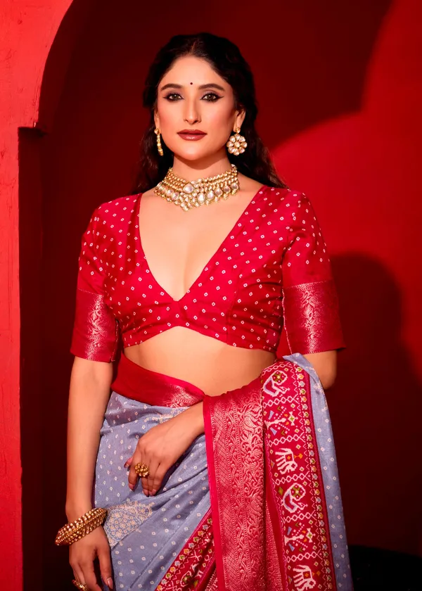 Light_Levender_&_Cherry_Red_Pure_Silk_Fabric_With_Exclusive_Dual_Color_Combination_Of_Exclusive_Bandhej_Print_With_Rich_Look_Jacquard_Border_Exclusive_Look_Saree