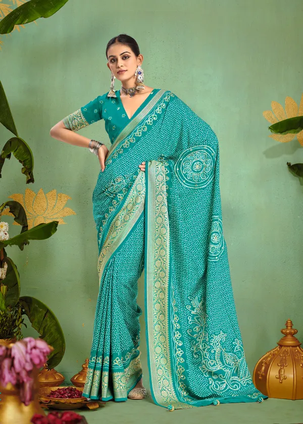 Sky_Blue_Pure_Velvet_Tussar_Silk_Designer_Look_Saree_With_Elegant_Aari_Jari_Handwork_With_Viscose_Jackquard_Border_&_Bandhani_Tussels