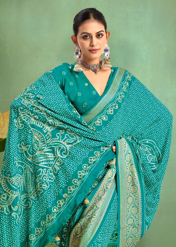 Sky_Blue_Pure_Velvet_Tussar_Silk_Designer_Look_Saree_With_Elegant_Aari_Jari_Handwork_With_Viscose_Jackquard_Border_&_Bandhani_Tussels