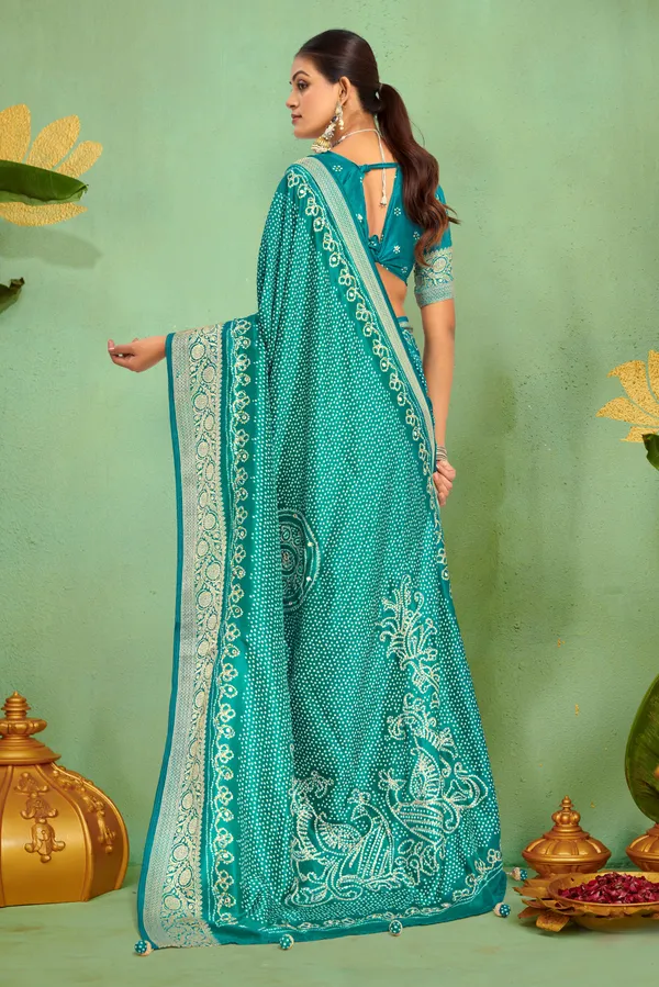 Sky_Blue_Pure_Velvet_Tussar_Silk_Designer_Look_Saree_With_Elegant_Aari_Jari_Handwork_With_Viscose_Jackquard_Border_&_Bandhani_Tussels