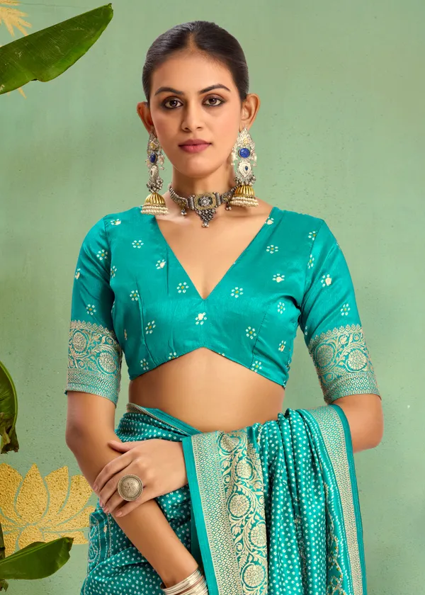 Sky_Blue_Pure_Velvet_Tussar_Silk_Designer_Look_Saree_With_Elegant_Aari_Jari_Handwork_With_Viscose_Jackquard_Border_&_Bandhani_Tussels