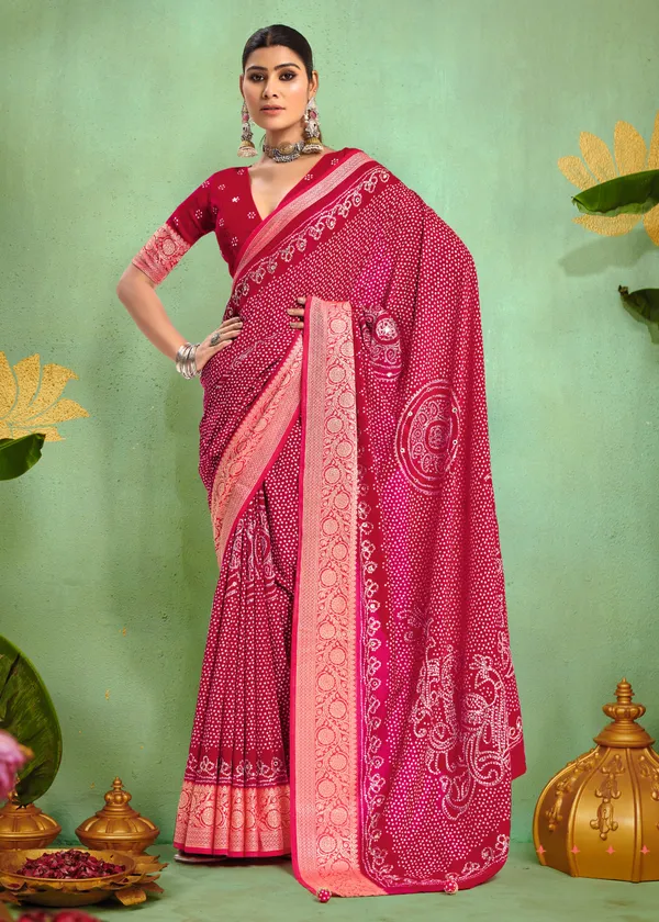 Rani_Pink_Pure_Velvet_Tussar_Silk_Saree_With_Combination_&_Elegant_Aari_Jari_Handwork_With_Viscose_Jackquard_Border_&_Bandhani_Tussels