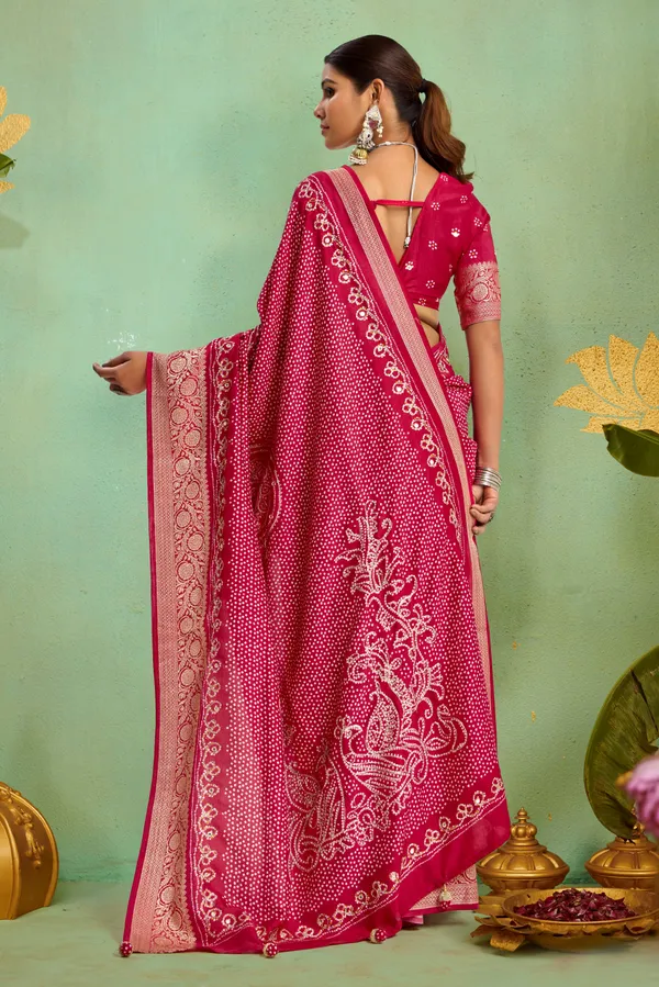 Rani_Pink_Pure_Velvet_Tussar_Silk_Saree_With_Combination_&_Elegant_Aari_Jari_Handwork_With_Viscose_Jackquard_Border_&_Bandhani_Tussels