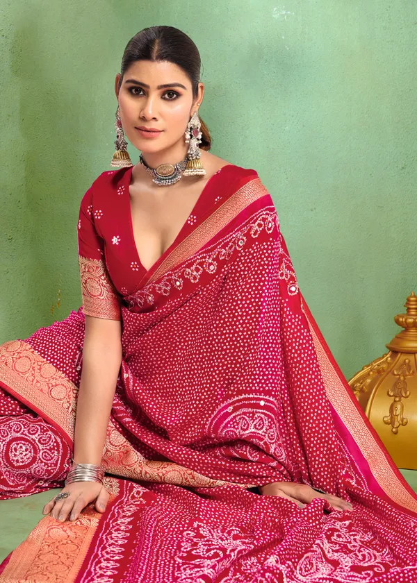 Rani_Pink_Pure_Velvet_Tussar_Silk_Saree_With_Combination_&_Elegant_Aari_Jari_Handwork_With_Viscose_Jackquard_Border_&_Bandhani_Tussels