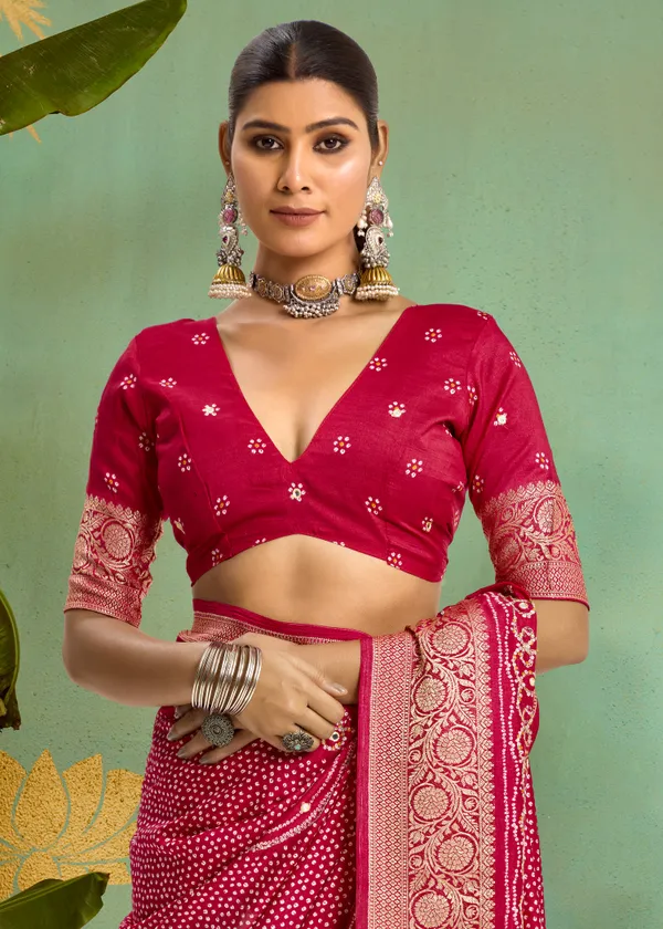 Rani_Pink_Pure_Velvet_Tussar_Silk_Saree_With_Combination_&_Elegant_Aari_Jari_Handwork_With_Viscose_Jackquard_Border_&_Bandhani_Tussels