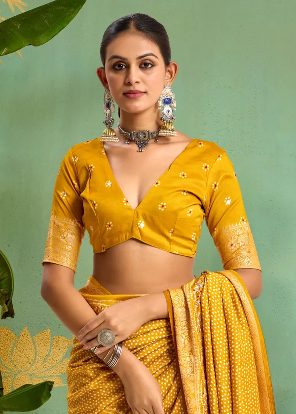Mustard_Yellow_Pure_Velvet_Tussar_Silk_Saree_With_Combination_&_Elegant_Aari_Jari_Handwork_With_Viscose_Jackquard_Border_&_Bandhani_Tussels