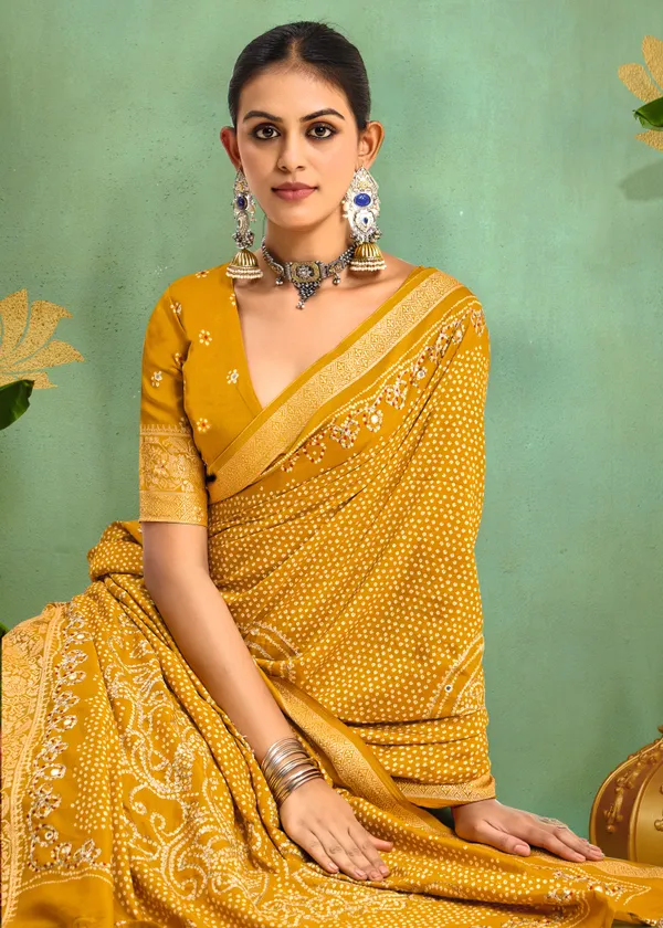 Mustard_Yellow_Pure_Velvet_Tussar_Silk_Saree_With_Combination_&_Elegant_Aari_Jari_Handwork_With_Viscose_Jackquard_Border_&_Bandhani_Tussels