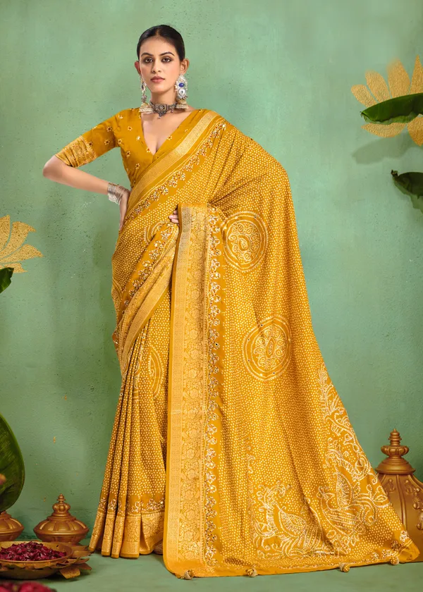 Mustard_Yellow_Pure_Velvet_Tussar_Silk_Saree_With_Combination_&_Elegant_Aari_Jari_Handwork_With_Viscose_Jackquard_Border_&_Bandhani_Tussels