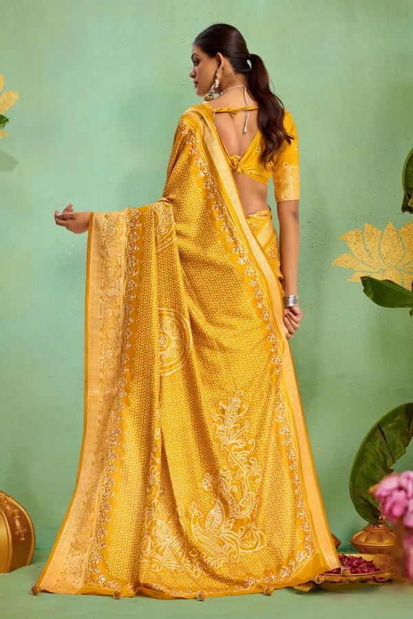 Mustard_Yellow_Pure_Velvet_Tussar_Silk_Saree_With_Combination_&_Elegant_Aari_Jari_Handwork_With_Viscose_Jackquard_Border_&_Bandhani_Tussels