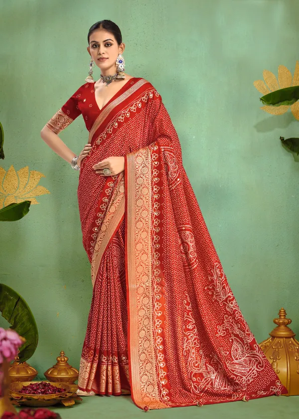Dark_Red_Pure_Velvet_Tussar_Silk_Saree_With_Combination_&_Elegant_Aari_Jari_Handwork_With_Viscose_Jackquard_Border_&_Bandhani_Tussels