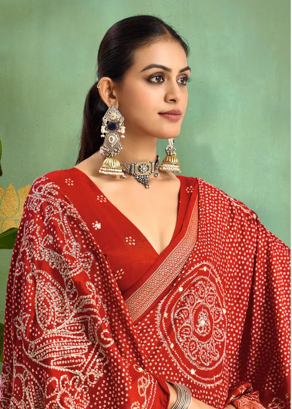 Dark_Red_Pure_Velvet_Tussar_Silk_Saree_With_Combination_&_Elegant_Aari_Jari_Handwork_With_Viscose_Jackquard_Border_&_Bandhani_Tussels
