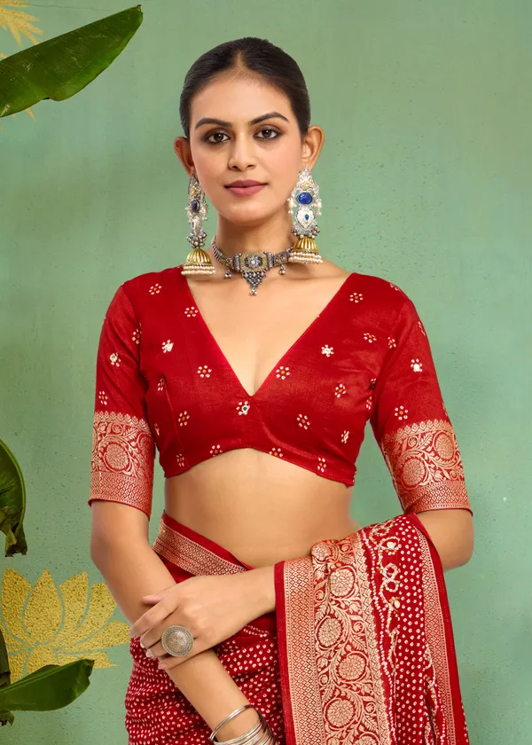 Dark_Red_Pure_Velvet_Tussar_Silk_Saree_With_Combination_&_Elegant_Aari_Jari_Handwork_With_Viscose_Jackquard_Border_&_Bandhani_Tussels