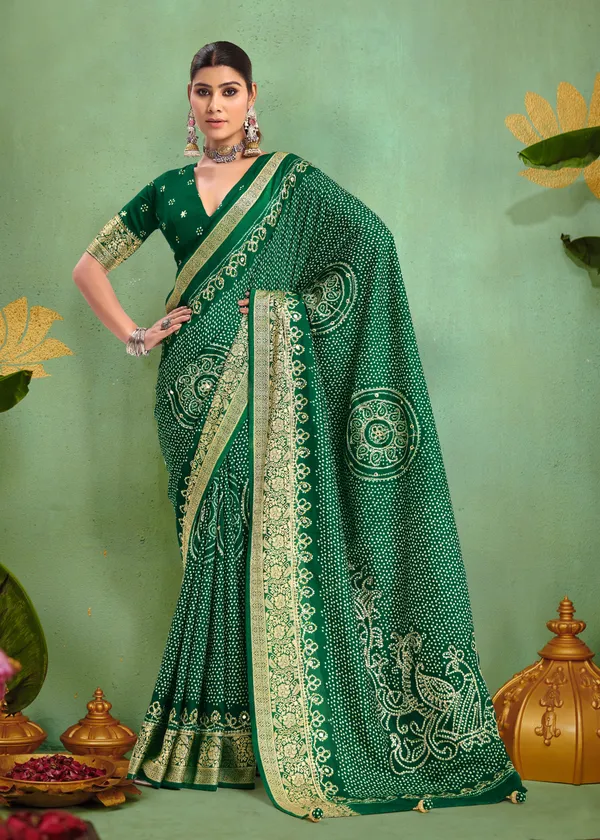Bottle_Green_Pure_Velvet_Tussar_Silk_Saree_With_Combination_&_Elegant_Aari_Jari_Handwork_With_Viscose_Jackquard_Border_&_Bandhani_Tussels