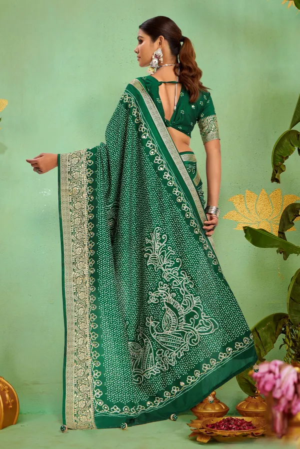 Bottle_Green_Pure_Velvet_Tussar_Silk_Saree_With_Combination_&_Elegant_Aari_Jari_Handwork_With_Viscose_Jackquard_Border_&_Bandhani_Tussels