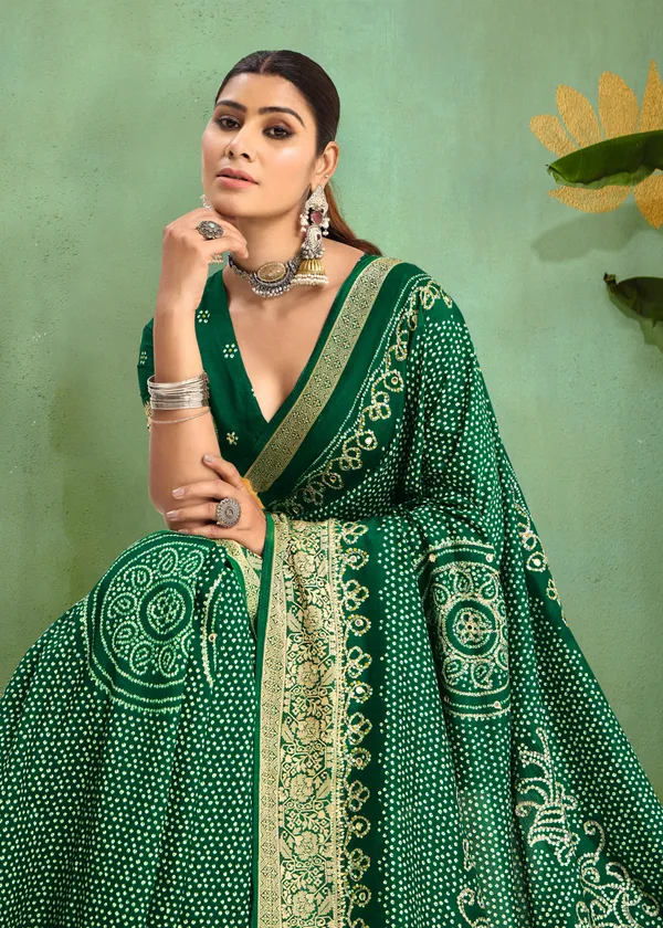 Bottle_Green_Pure_Velvet_Tussar_Silk_Saree_With_Combination_&_Elegant_Aari_Jari_Handwork_With_Viscose_Jackquard_Border_&_Bandhani_Tussels