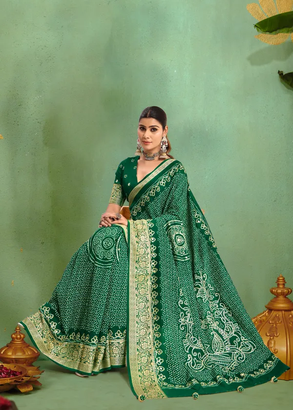 Bottle_Green_Pure_Velvet_Tussar_Silk_Saree_With_Combination_&_Elegant_Aari_Jari_Handwork_With_Viscose_Jackquard_Border_&_Bandhani_Tussels