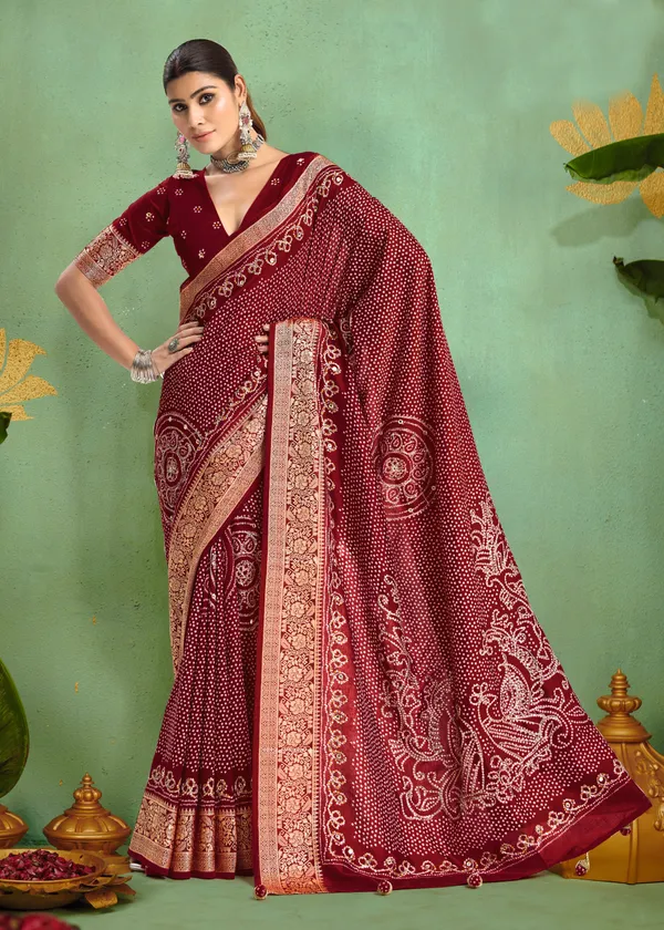 Maroon_Pure_Velvet_Tussar_Silk_Saree_With_Combination_&_Elegant_Aari_Jari_Handwork_With_Viscose_Jackquard_Border_&_Bandhani_Tussels