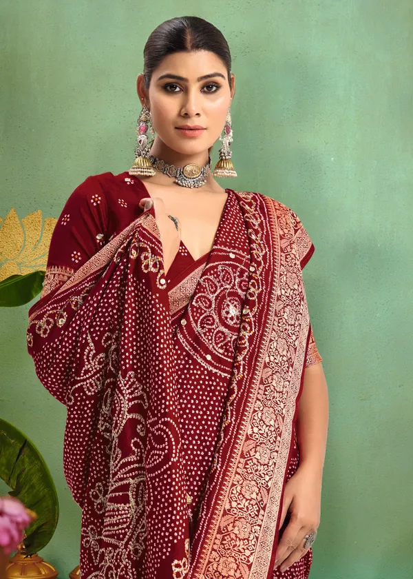Maroon_Pure_Velvet_Tussar_Silk_Saree_With_Combination_&_Elegant_Aari_Jari_Handwork_With_Viscose_Jackquard_Border_&_Bandhani_Tussels