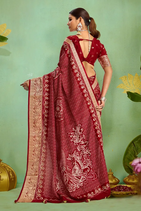 Maroon_Pure_Velvet_Tussar_Silk_Saree_With_Combination_&_Elegant_Aari_Jari_Handwork_With_Viscose_Jackquard_Border_&_Bandhani_Tussels