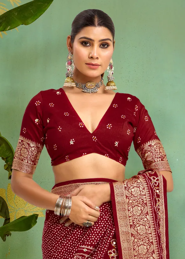 Maroon_Pure_Velvet_Tussar_Silk_Saree_With_Combination_&_Elegant_Aari_Jari_Handwork_With_Viscose_Jackquard_Border_&_Bandhani_Tussels