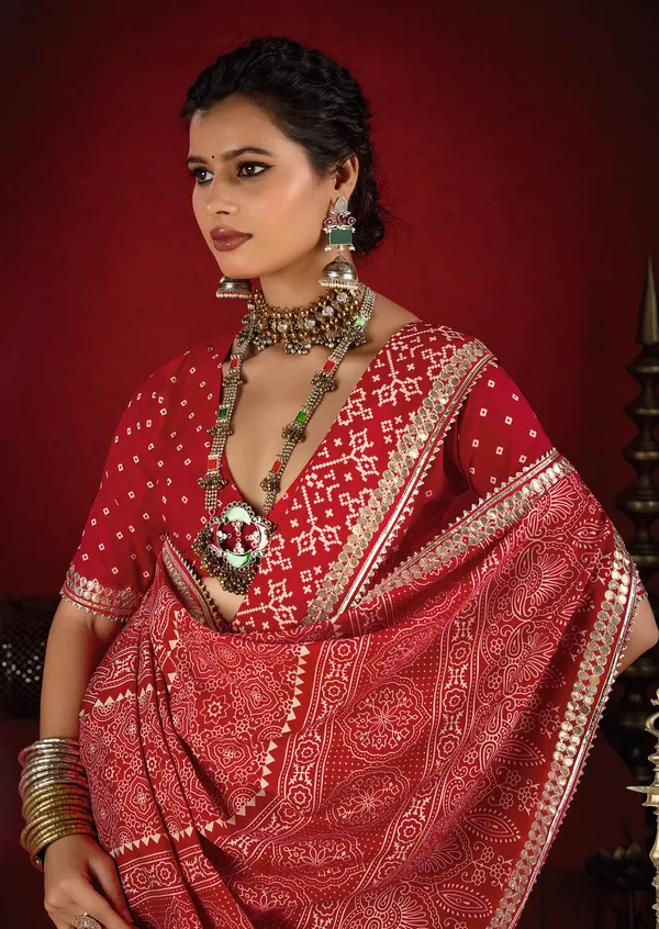 Pink_&_Red_Pure_Ajrakh_Silk_Designer_Look_Saree_With_Jaipuri_Silver_Gotta_Work_Border