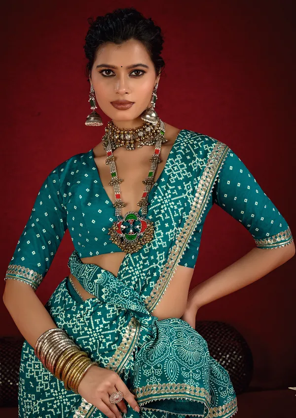 Deep_Sea_Green_Pure_Ajrakh_Silk_Designer_Look_Saree_With_Jaipuri_Silver_Gotta_Work_Border