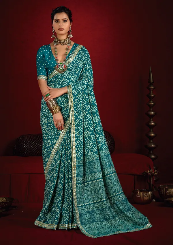 Deep_Sea_Green_Pure_Ajrakh_Silk_Designer_Look_Saree_With_Jaipuri_Silver_Gotta_Work_Border