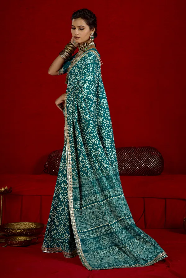 Deep_Sea_Green_Pure_Ajrakh_Silk_Designer_Look_Saree_With_Jaipuri_Silver_Gotta_Work_Border