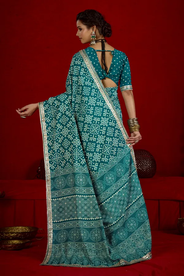 Deep_Sea_Green_Pure_Ajrakh_Silk_Designer_Look_Saree_With_Jaipuri_Silver_Gotta_Work_Border