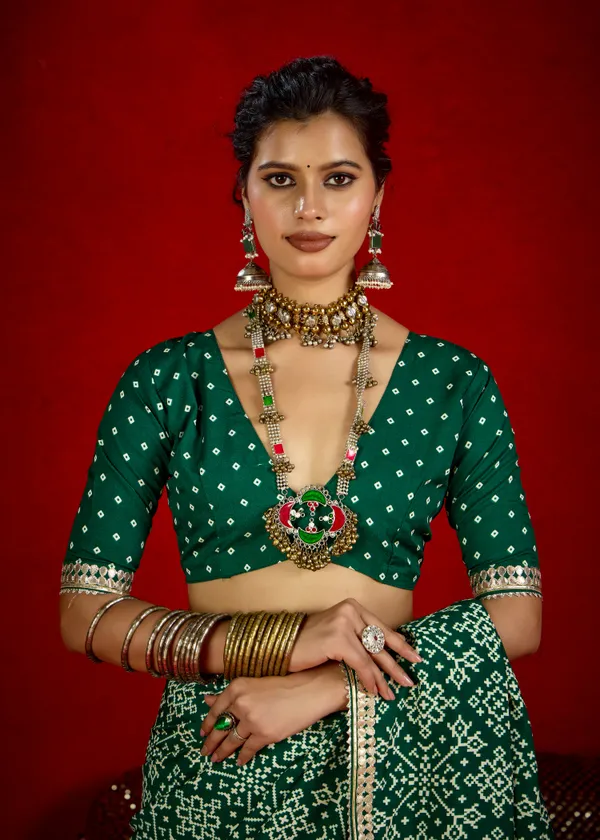 Emerald_Green_Pure_Ajrakh_Silk_Designer_Look_Saree_With_Jaipuri_Silver_Gotta_Work_Border