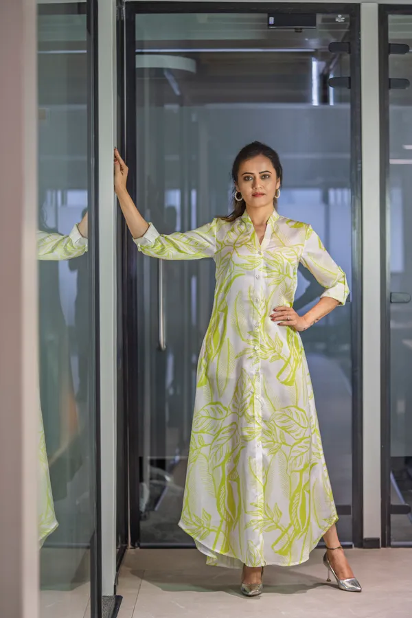 Satin Shirt Bright Green Shirt Dress Luxeraa Lime Green Leaf Story Modal  Satin Shirt Dress A-