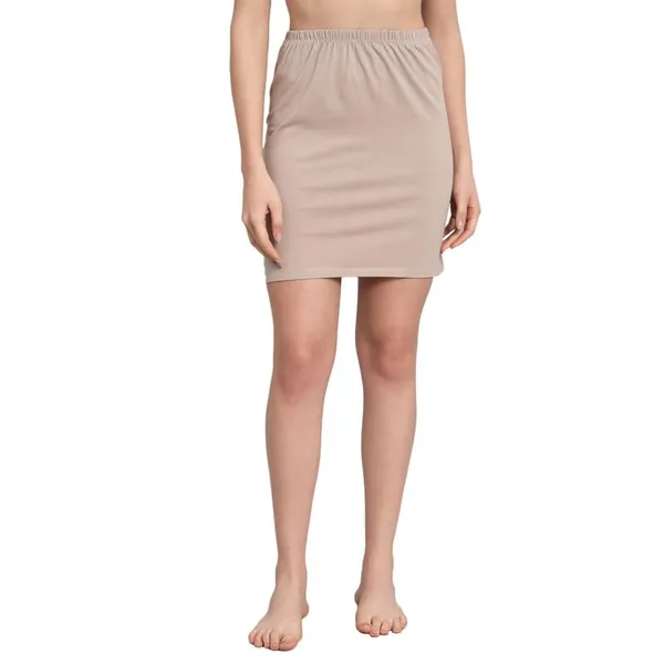 Beige_Cotton_Knee_Length_Skirt_With_Elastic_Waist_Band_For_Women