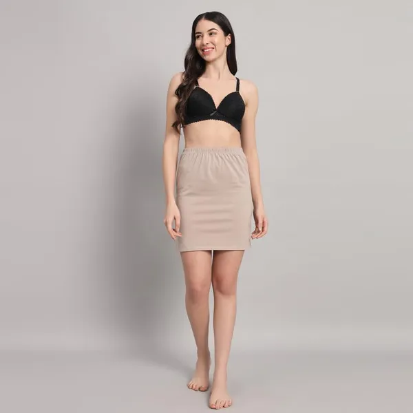 Beige_Cotton_Knee_Length_Skirt_With_Elastic_Waist_Band_For_Women