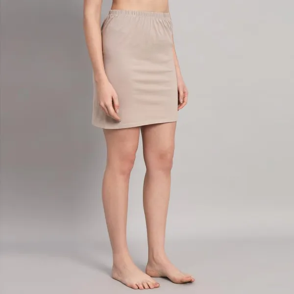 Beige_Cotton_Knee_Length_Skirt_With_Elastic_Waist_Band_For_Women