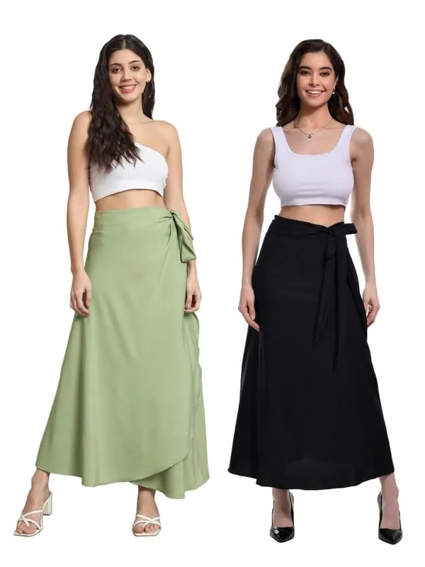 Pista_&_Black_Combo_Long_Wrap_Around_Maxi_Skirt_|_Wear_Long_Skirt_For_Women_(Pack_Of_2)