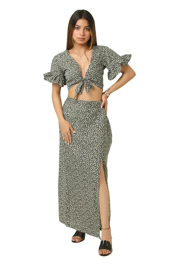 Green_Ditsy_Floral_Tie‑Front_Crop_Top_High_Slit_Maxi_Skirt_Set-_Puff_Sleeve_Two‑Piece_Stylish_Outfit_For_Women