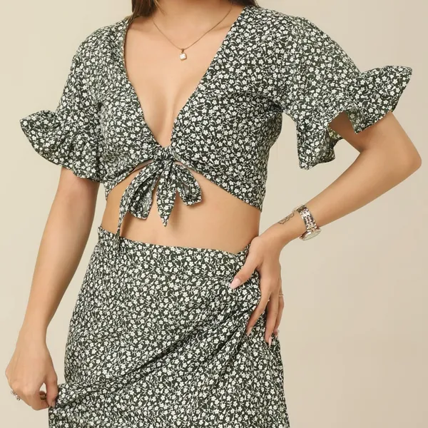 Green_Ditsy_Floral_Tie‑Front_Crop_Top_High_Slit_Maxi_Skirt_Set-_Puff_Sleeve_Two‑Piece_Stylish_Outfit_For_Women