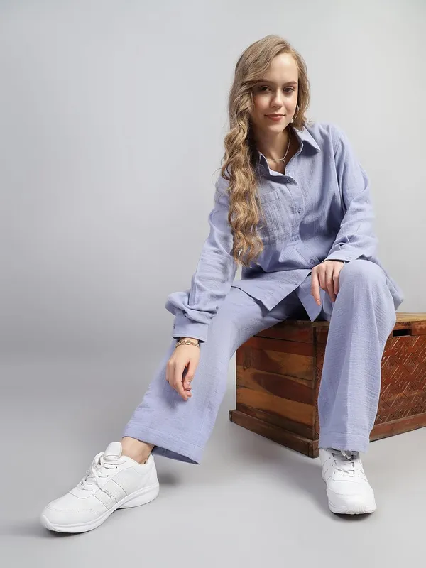 Skyblue_Muslin_Cotton_Co-Ord_Set_|__Two_Piece_Set_Shirt_Pant_For_Women