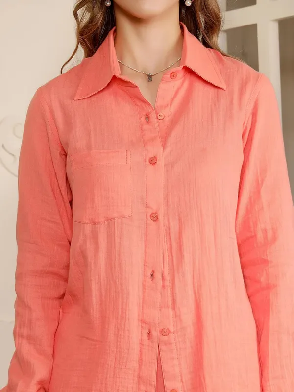 Peach_Muslin_Cotton_Co-Ord_Set_|__Two_Piece_Set_Shirt_Pant_For_Women