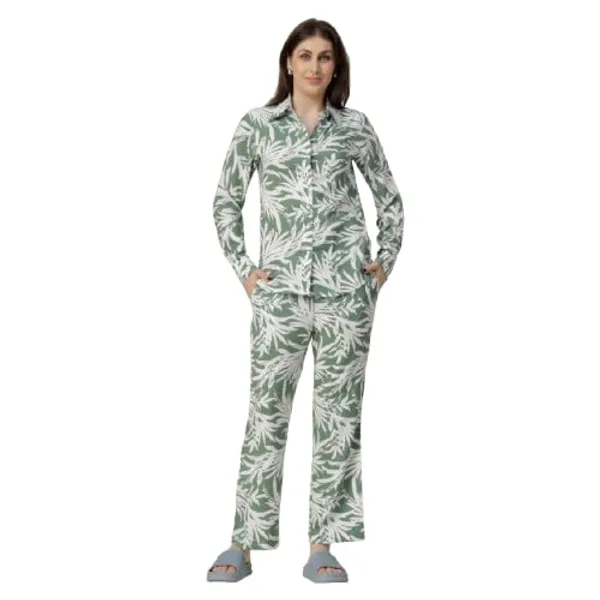 Green_2_Piece_Co-Ords_Set_Premium_Viscose_Rayon_Shirt_Dickey_Collar_Full_Sleeve_Regular_Fit_Casual_Shirt_Trousers_Printed_Design_For_Women