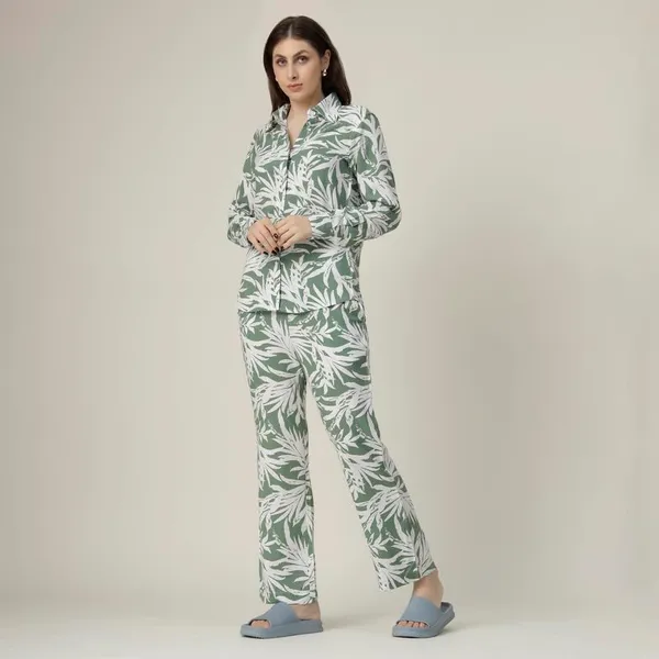Green_2_Piece_Co-Ords_Set_Premium_Viscose_Rayon_Shirt_Dickey_Collar_Full_Sleeve_Regular_Fit_Casual_Shirt_Trousers_Printed_Design_For_Women