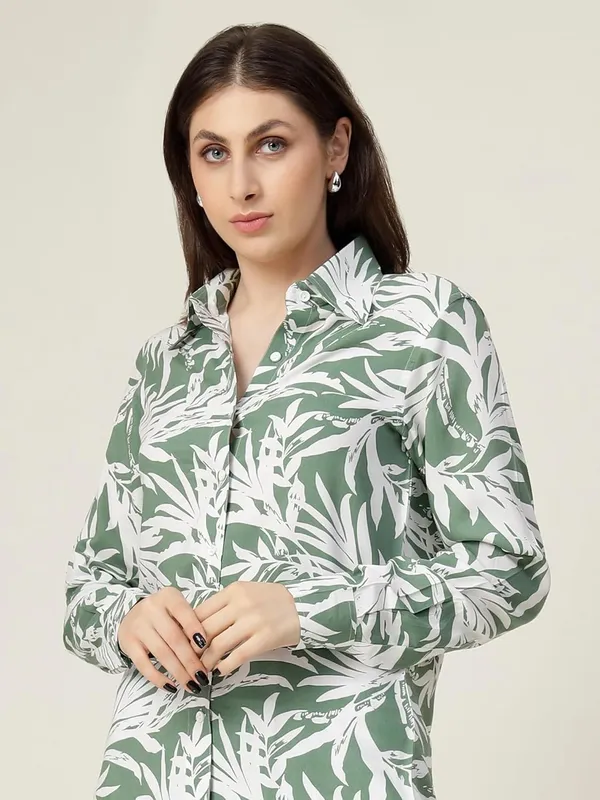 Green_Elegant_Button_Down_Shirt_Long_Sleeve_Abstract_Print_Casual_Workwear_Top_Trendy_Casual_Look_For_Women