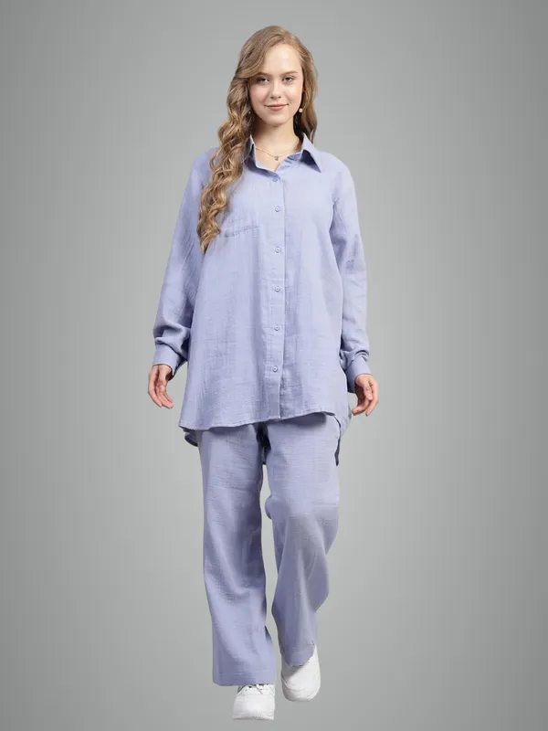 Skyblue_Muslin_Cotton_Co-Ord_Set_|__Two_Piece_Set_Shirt_Pant_For_Women